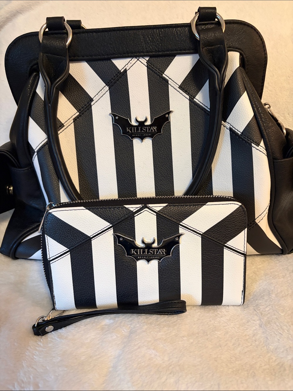 Killstar Black & White Striped Purse and Wallet Set